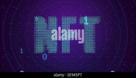 Forming large NFT text from thousands of cyan humanoid icons on purple HUD, with binary digits Stock Photo