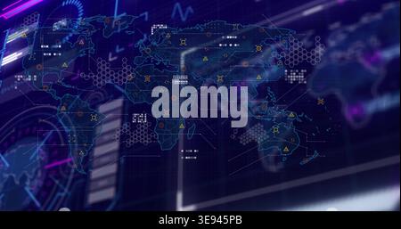 Displaying digital world map highlighting hex clusters, data nodes, warning icons on control hub Stock Photo