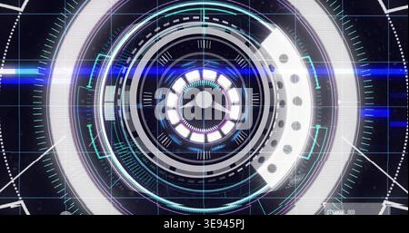 Displaying central circular HUD glowing and rotating on dark grid interface, with concentric rings Stock Photo