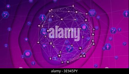 Pulsing 3D wireframe network sphere rotating in virtual 3D space, with glowing social icons Stock Photo