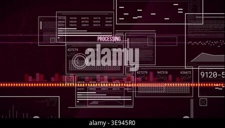 Displaying central dashboard showing numeric codes in HUD, UI panels, glowing scanline, PROCESSING Stock Photo
