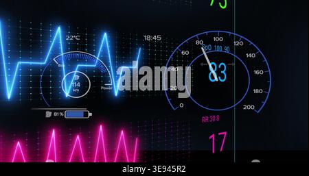 Displaying digital dashboard HUD glowing on dark backdrop, with speedometer, neon ECG waveform Stock Photo