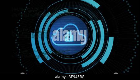 Displaying centered blue cloud lock icon in HUD rings, with binary digits, spokes, data blocks Stock Photo