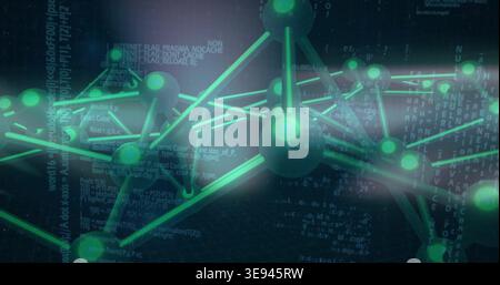 Rendering glowing network occupying center in virtual scene, with green nodes, tubes and code Stock Photo