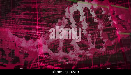 Displaying magenta DNA double helix spanning frame, with code, numeric readouts, grid panels Stock Photo