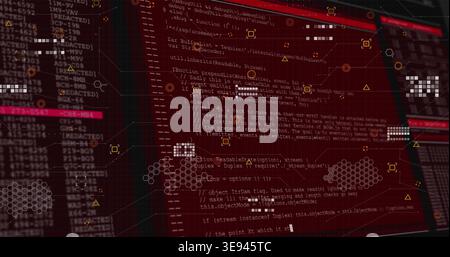 Displaying central red code window scrolling code text on monitor screen, with hex HUD overlays Stock Photo
