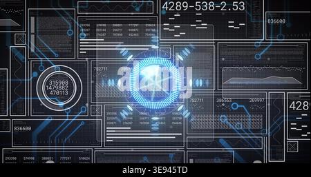Pulsing central blue circular gauge projecting data on dark grid, with data panels and readouts Stock Photo