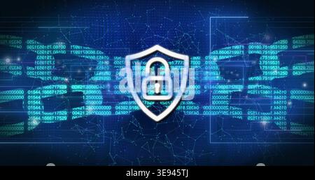 Displaying centered shield emblem glowing in digital cyberspace, with padlock icon and code streams Stock Photo