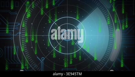 Displaying circular radar HUD on dark grid, sweeping cyan beam with crosshair and green binary data Stock Photo