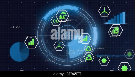 Displaying glowing circular HUD with rings and hex eco icons on data dashboard, numeric overlays Stock Photo