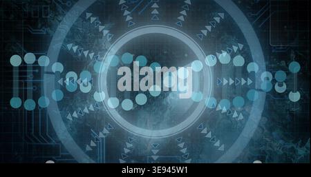 Displaying stylized DNA helix running across digital UI, featuring concentric rings and arrows Stock Photo