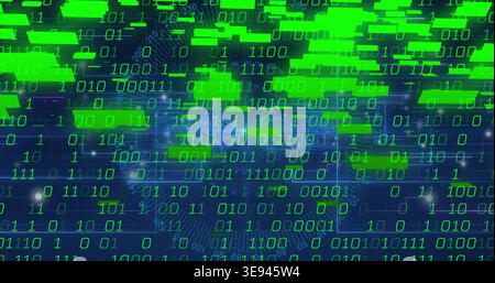 Pulsing green binary code flowing across net on incoming data, showing encryption with circuits Stock Photo
