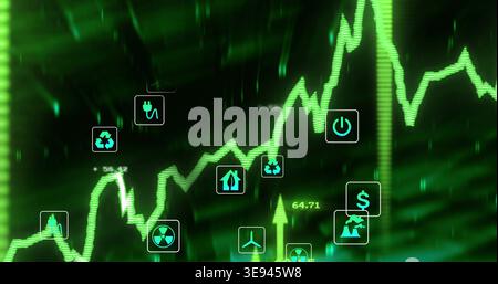 Displaying neon-green spiking graph moving across screen with energy finance icons, arrow, numbers Stock Photo