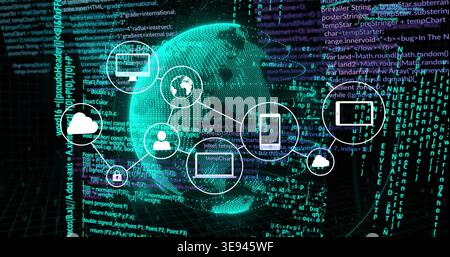 Radiating teal globe sending links across virtual grid with cloud and device icons, code streams Stock Photo