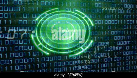 Displaying neon-green ringed HUD scanning digital interface center, with cyan binary digits, grid Stock Photo