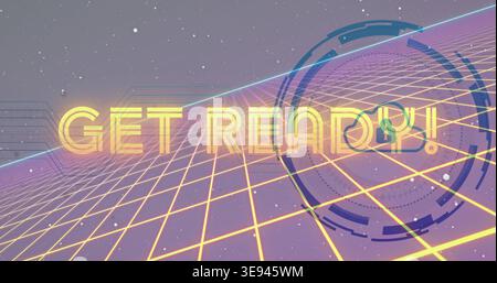 Displaying centered glowing GET READY! text with circular HUD and padlock over retro neon grid Stock Photo