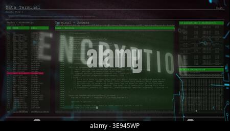 Displaying central green terminal showing ENCRYPTION overlay on monitor code left ID red right logs Stock Photo