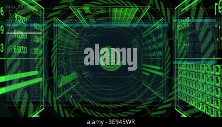 Pulsing central HUD projecting concentric rings and readouts in neon data tunnel, with code panels Stock Photo