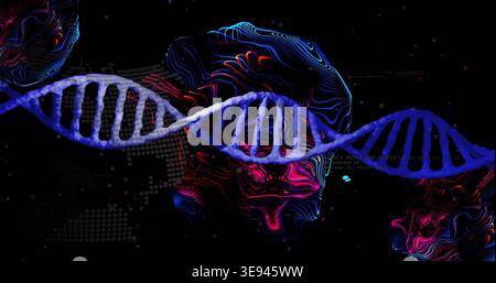Stretching double helix DNA strand floating in dark virtual space, showing neon contours, code Stock Photo