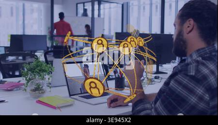 Reaching bearded man in plaid shirt using laptop holographic network at modern office, copy space Stock Photo