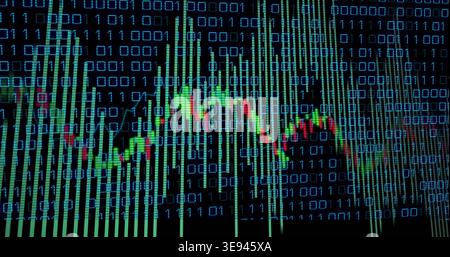 Displaying finance chart centered on monitor, showing binary digits, green bars and candlesticks Stock Photo