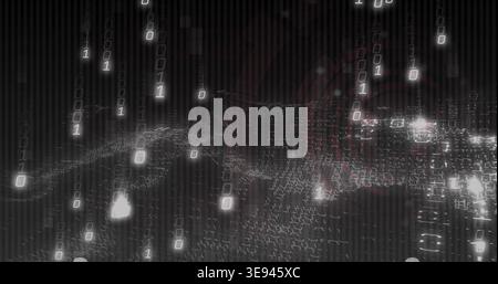 Streaming field of cascading binary digits across virtual data plane, showing glowing nodes Stock Photo