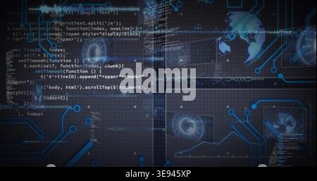 Displaying central digital UI overlay at virtual dashboard, with code blocks, HUD rings and globe Stock Photo