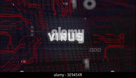 Displaying bold pixelated VIRUS text centered over dark code matrix, showing red circuit traces Stock Photo