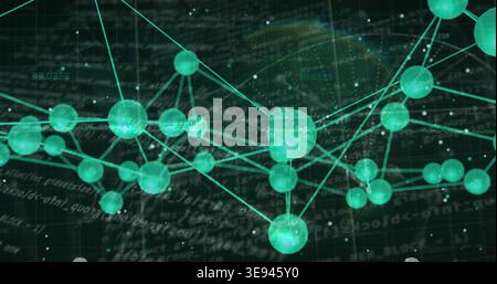 Displaying glowing teal nodes connecting by thin lines in data space, with grid and code overlays Stock Photo