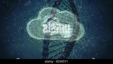 Depicting glowing data cloud overlapping DNA helix in genomic cloud graphic, with gear icons Stock Photo