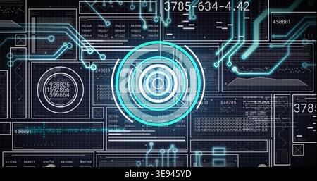 Rendering central concentric HUD rotating over dark grid dashboard, displaying panels and readouts Stock Photo