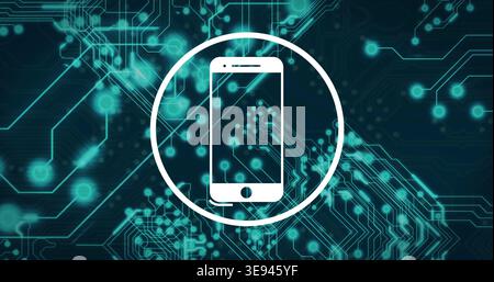 Displaying white smartphone icon in white ring hovering over teal circuit board with glowing nodes Stock Photo
