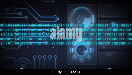Streaming binary digits flowing across virtual dashboard at center, showing circuit traces and HUDs Stock Photo