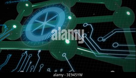 Displaying large circular holographic dial glowing on dark gridded plane, with connector nodes Stock Photo
