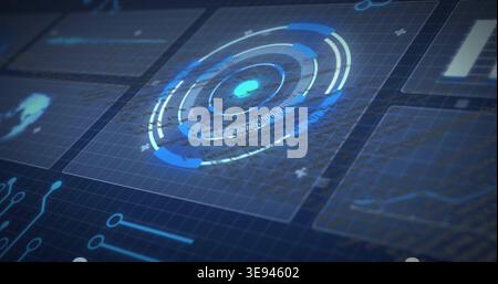 Receiving boot signal, central HUD rotating and scanning on navy grid, revealing graphs for AI Stock Photo
