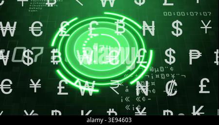 Scanning neon green ringed HUD displaying 474 on dark grid, showing currency symbols, timer, code Stock Photo