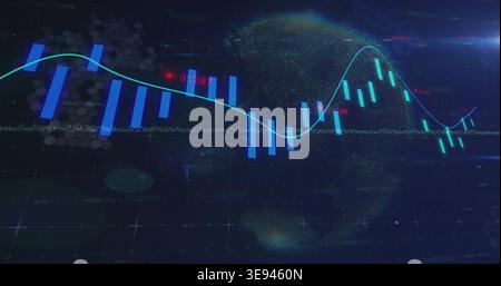 Displaying central data chart on dashboard, showing blue candles, cyan trend, red numeric labels Stock Photo