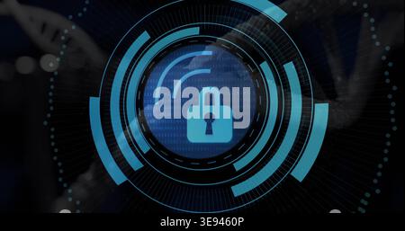 Displaying blue closed padlock icon spinning in ringed HUD at security dashboard, with binary Stock Photo