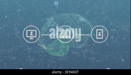 Displaying central device trio showing monitor laptop smartphone with wireframe brain and node mesh Stock Photo