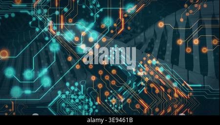 Displaying circuitry and DNA double helix centered in graphic, with glowing teal and orange nodes Stock Photo