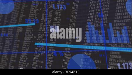 Displaying digital dashboard showing dense code table on monitor, with ERROR, blue highlight bars Stock Photo