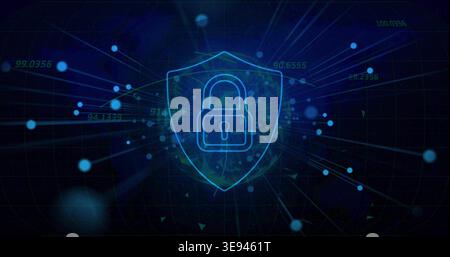 Glowing neon-blue wireframe shield with padlock pulsing and sending radial lines over grid Stock Photo