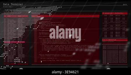 Displaying red console showing monospaced code on monitor, with left ID column and right panels Stock Photo