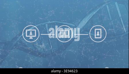 Displaying trio of linked device icons floating on blue gradient, with faint DNA helix and nodes Stock Photo