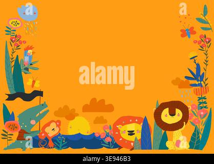 Cute Cartoon Lions With Crocodile and Monkey standing on Sunset in Flowers Frame Stock Vector