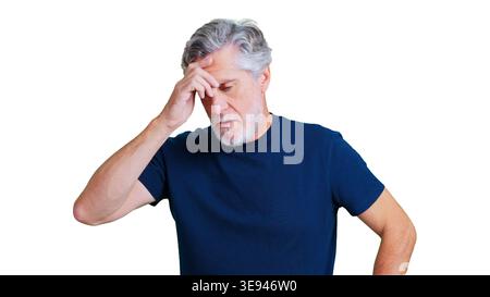 Senior man experiencing headache, stress, and frustration Stock Photo
