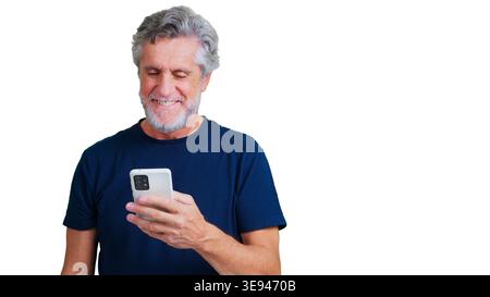 Senior man smiling using smartphone transparent background Stock Photo