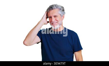 Mature man scratching head smiling concept Stock Photo