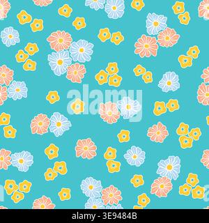 Hand drawn seamless pastel floral pattern with simple abstract daisy shapes and tiny flowers, light spring background in blue, pink and yellow colors Stock Vector