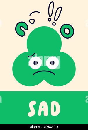 Poster with green clover geometric figure face and emotion sad. Stock Vector